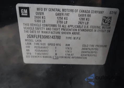 2017 Chevrolet Equinox Lt from USA, damaged, VIN 2GNFLFE36H6143780